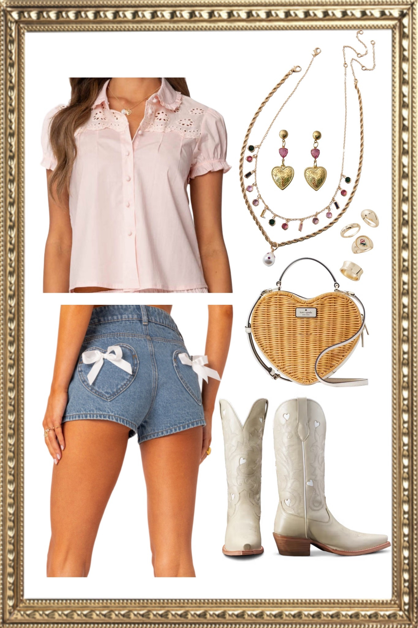 A pink button up top paired with adorable denim shorts that have a lovely heart pocket detail adorn with bows. Heart motifs can be found on the wicked purse and cowboy style boots making it the perfect fit for a western style event with a cutesy feminine twist. 


#LTKFestival #LTKSeasonal #LTKFindsUnder50