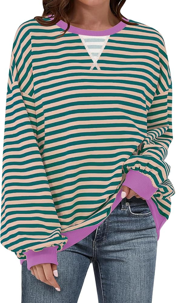 UEU Women Oversized Striped Crewneck Sweatshirt Long Sleeve Color Block Pullover Tops Casual Loos... | Amazon (US)