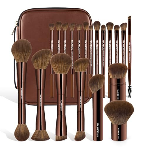 MAANGE 20 PCS Makeup Brush Set with Bag, Double-ended Kabuki Brush Foundation Contour Brush for Liquid Powder Concealer Eye Shadows Cream Cosmetics Blending Blush Face Makeup Tools (Brown) | Amazon (US)