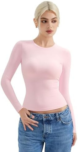 SUUKSESS Women Double Lined Fitted Basic T Shirts Crew Neck Long Sleeve Crop Top | Amazon (US)
