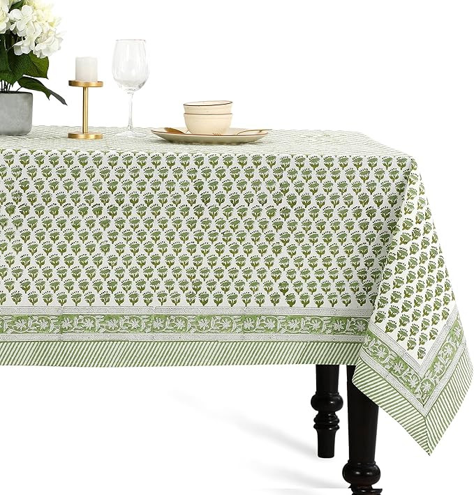 CPC Tablecloth 100% Cotton 70x108 Inch Indian Block Print Rectangle Table Cover, Green Table Clot... | Amazon (US)