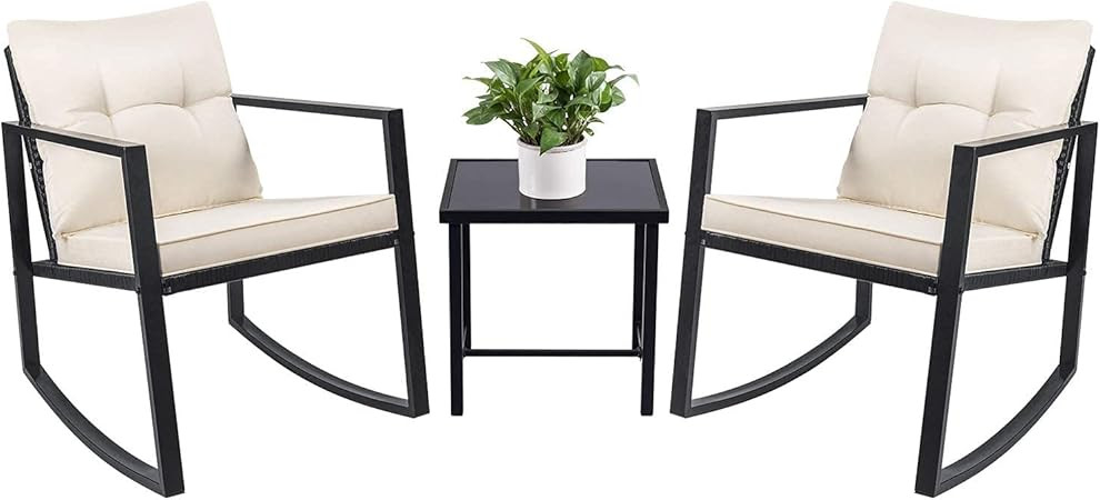 Devoko 3 Piece Rocking Bistro Set Wicker Patio Outdoor Furniture Porch Chairs Conversation Sets w... | Amazon (US)