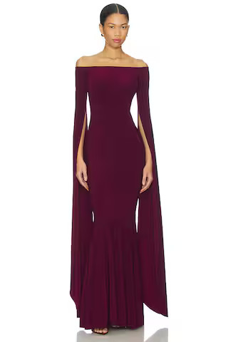 Norma Kamali Off Shoulder Ribbon Sleeve Fishtail Gown in Plum from Revolve.com | Revolve Clothing (Global)