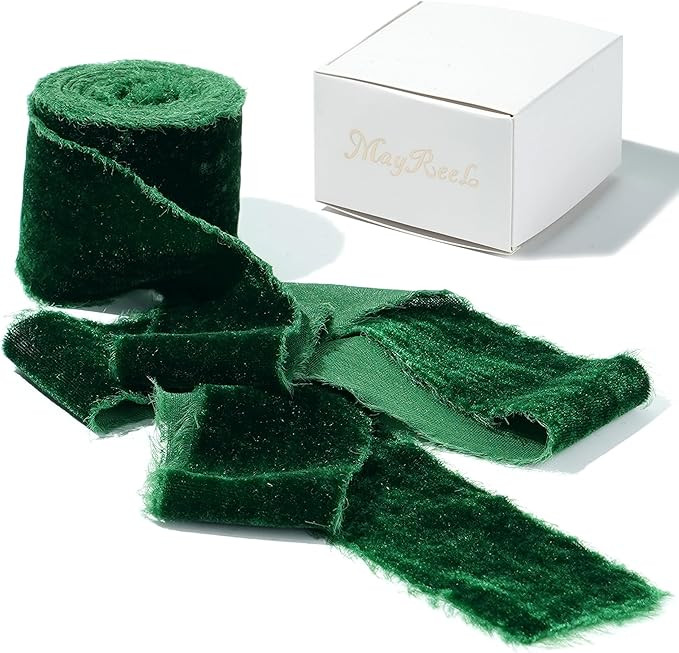 MAYREEL 2 Inch Green Velvet Ribbon Hand Torn Forest Green Silk Frayed Edge for Christmas Gift Wra... | Amazon (US)
