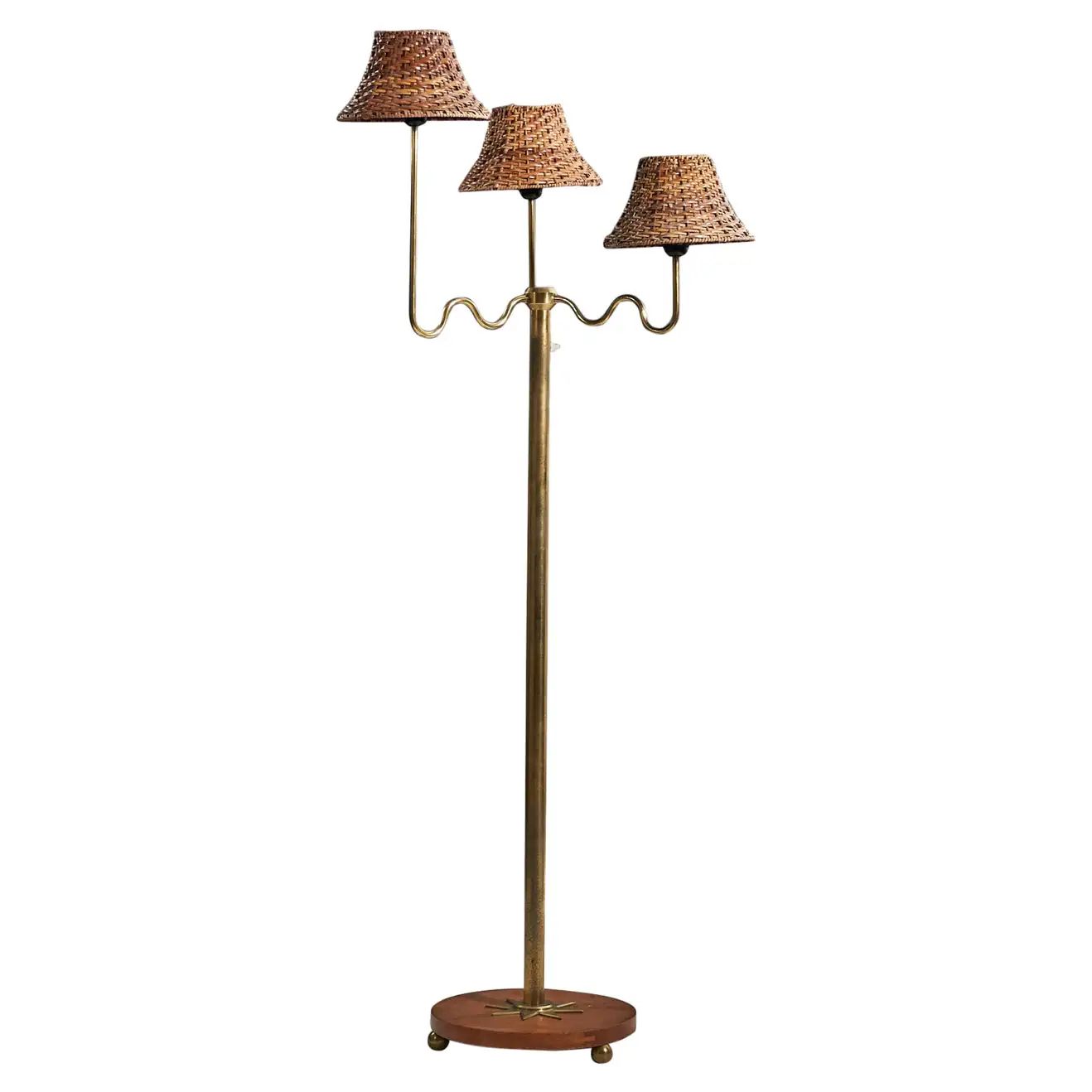 Swedish Designer, Floor Lamp, Brass, Wood, Rattan, Sweden, 1930s | 1stDibs