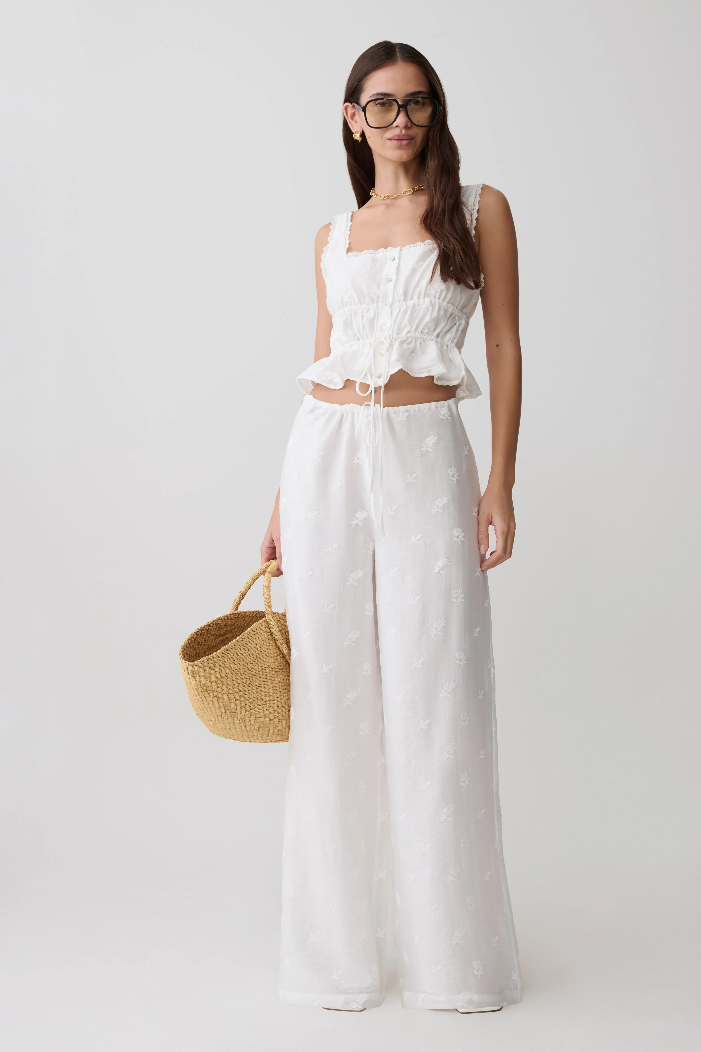 Vivian Tie Waist Embroidered Pant - White | MESHKI US