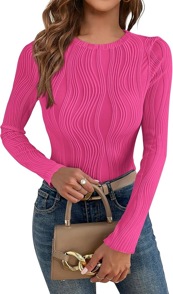 PRETTYGARDEN Women's Tops 2026 Spring Fashion Long Sleeve Crewneck Blouse Fitted Textured Basic K... | Amazon (US)