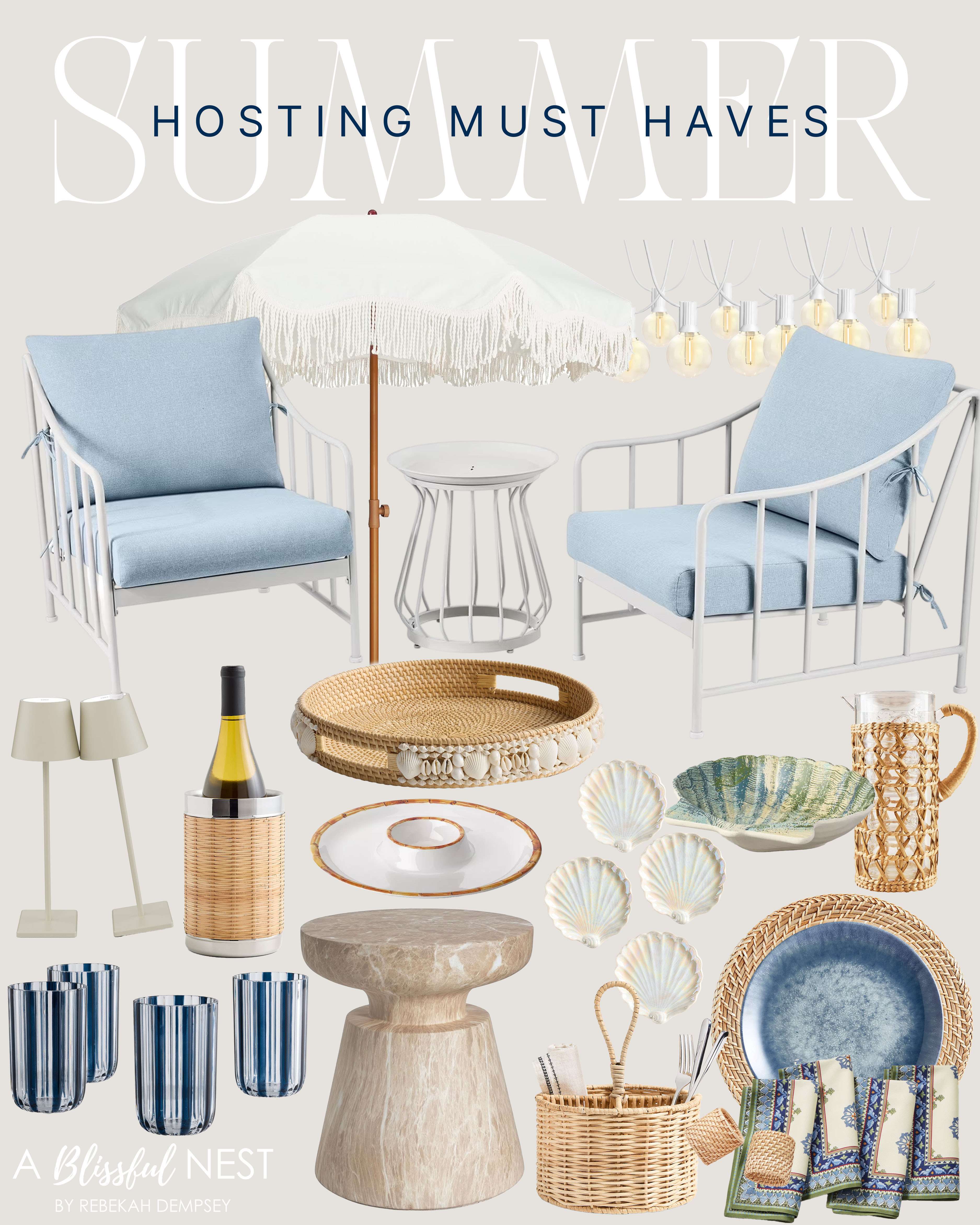 Loving the mix of woven textures, soft blues, and pretty serving pieces for summer hosting. Snag these finds.

outdoor lounge chairs, fringe patio umbrella, string lights, cordless table lamps, woven flatware caddy with handle, shell handwoven serving tray, bamboo border chip and dip bowl, glaze melamine dinner plate, Mud Pie acrylic woven pitcher, blue stripe drinking glasses, concrete end table, shell figural scallop mini bowl, woven napkin ring, natural rattan charger plate, wicker wine cooler, shell stoneware coasters, Sicily Verdi napkins. 

 #LTKSeasonal #LTKHome