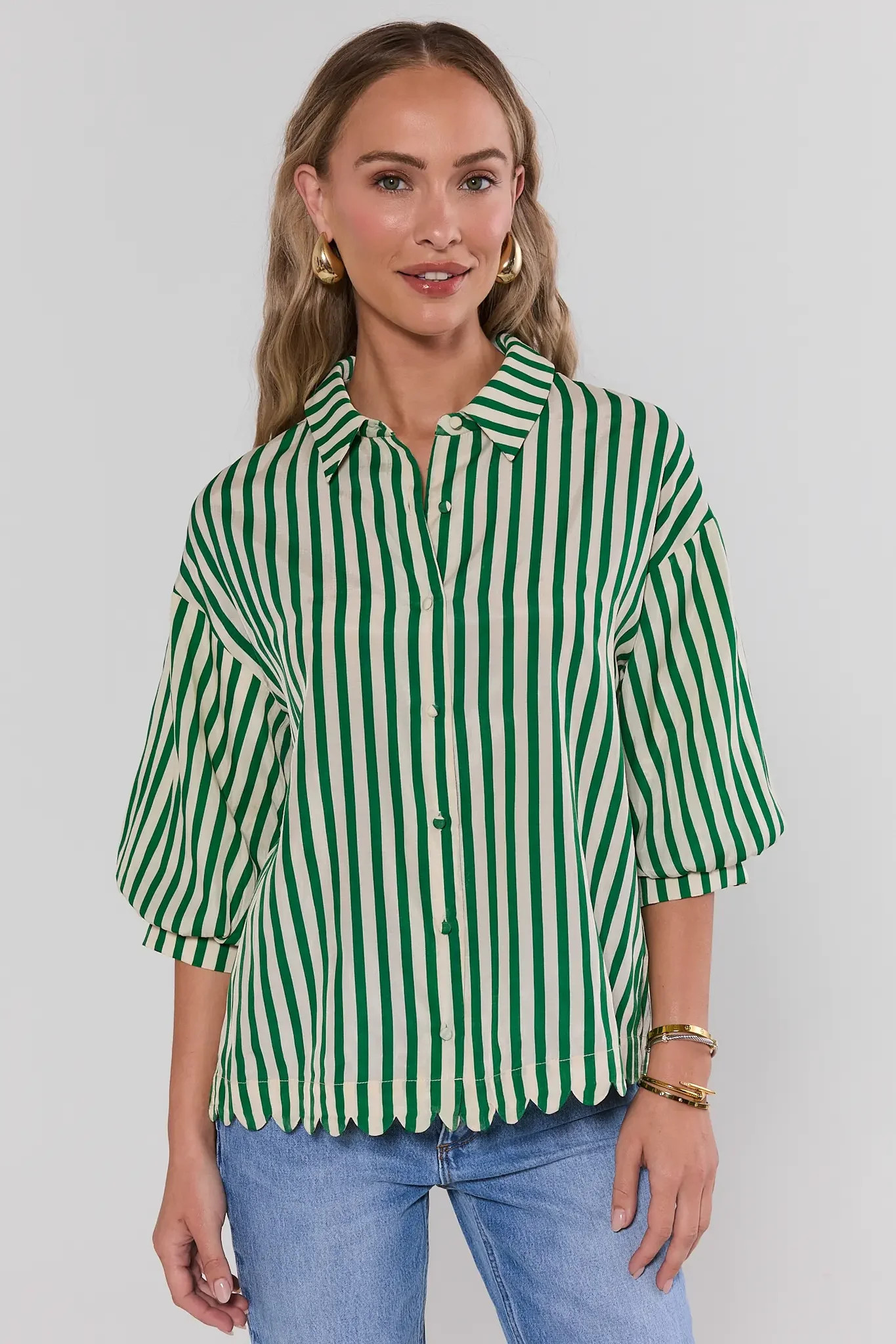 Lola Green Striped Scalloped Hem Shorts | Avara
