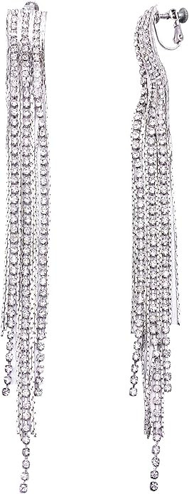 SELOVO Clear Rhinestone Prong Setting Boho Tassel Long Statement Dangle Clip on Earrings Silver T... | Amazon (US)