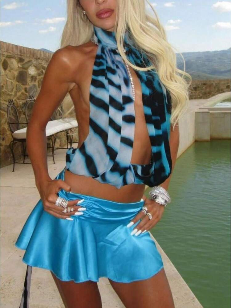 Y2k Halter Top For Women Sleeveless Cowl Neck Slit Front Going Out Tank Tops Tie Up Backless Summer Crop Top | SHEIN