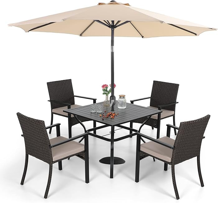 Sophia & William 5 Pieces Patio Dining Set with 9 ft Beige Patio Umbrella, Outdoor PE Rattan Chai... | Amazon (US)