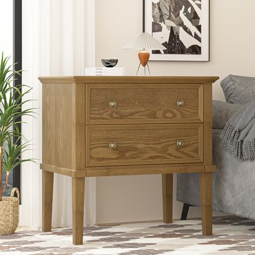 IKENO Solid Wood Nightstand with 2 Drawers, Wooden Bed Side Table, Tall Wooden Night Stand, End Table with 2 Drawers for Bedroom or Living Room,Teak | Amazon (US)