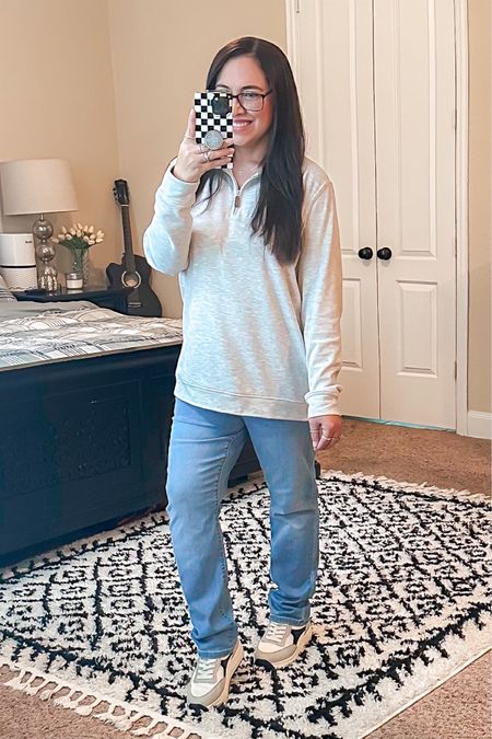 Sized up 2 sizes in jeans for a more relaxed fit, love it!

fall outfit inspo | quarter zip pullover | straight leg jeans | retro sneakers | casual style

#LTKsalealert #LTKSeasonal #LTKfindsunder50