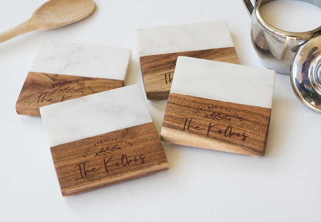 Marble and Wood Engraved Coaster Set Marble Coasters - Etsy | Etsy (US)