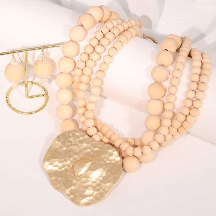 3pc Handmade Beaded Necklace |   Multi-Layer Stacked Women'S Exaggerated Large Pendant Earrings S... | SHEIN