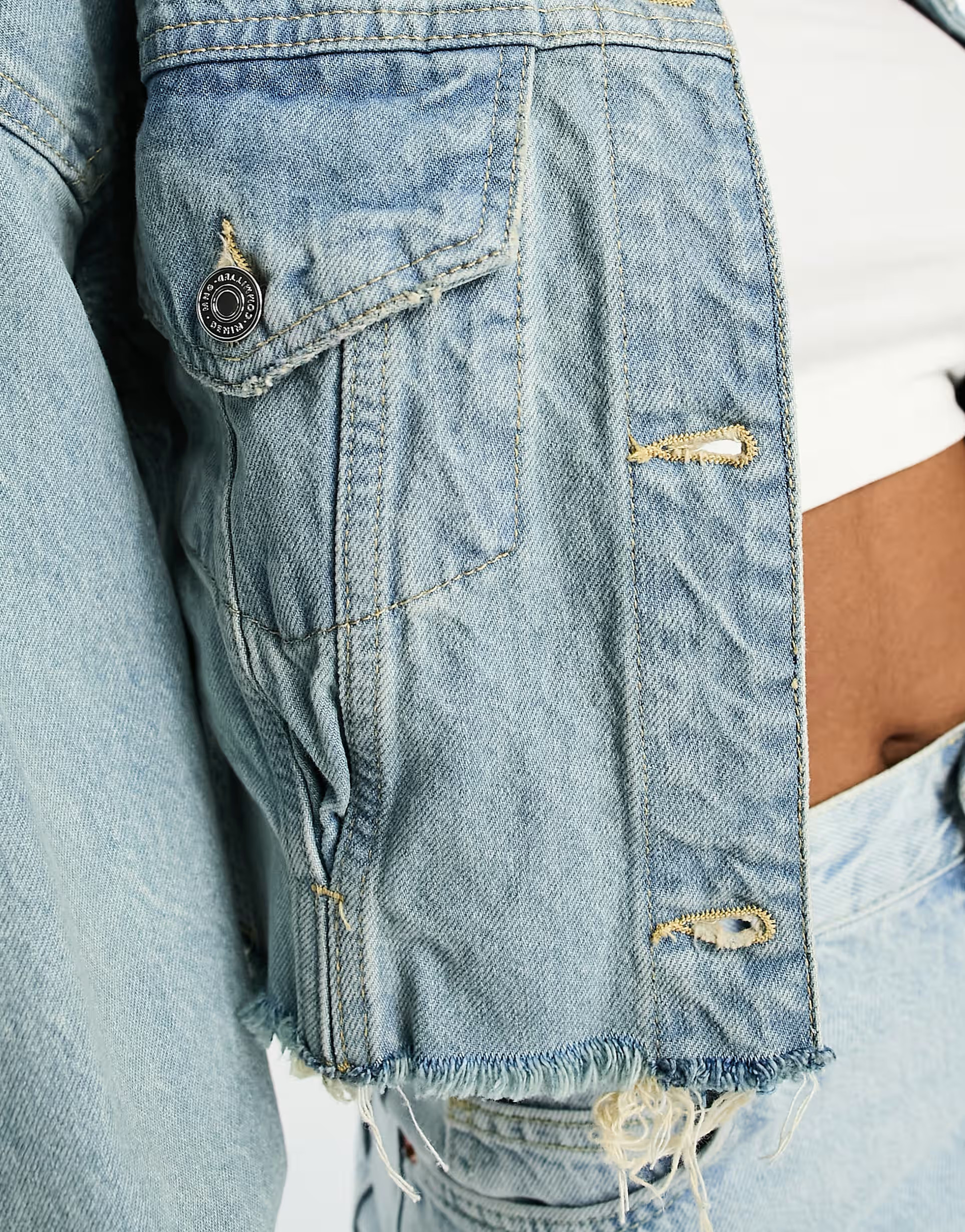 Mango denim jacket with distressed hem in blue | ASOS (Global)