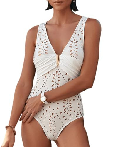 FLAXMAKER Solid One Piece V Neck Laser Cutting Flower Swimsuit and Skirt (US, Alpha, X-Large, Regular, Regular, White #1 Swimsuit) | Amazon (US)