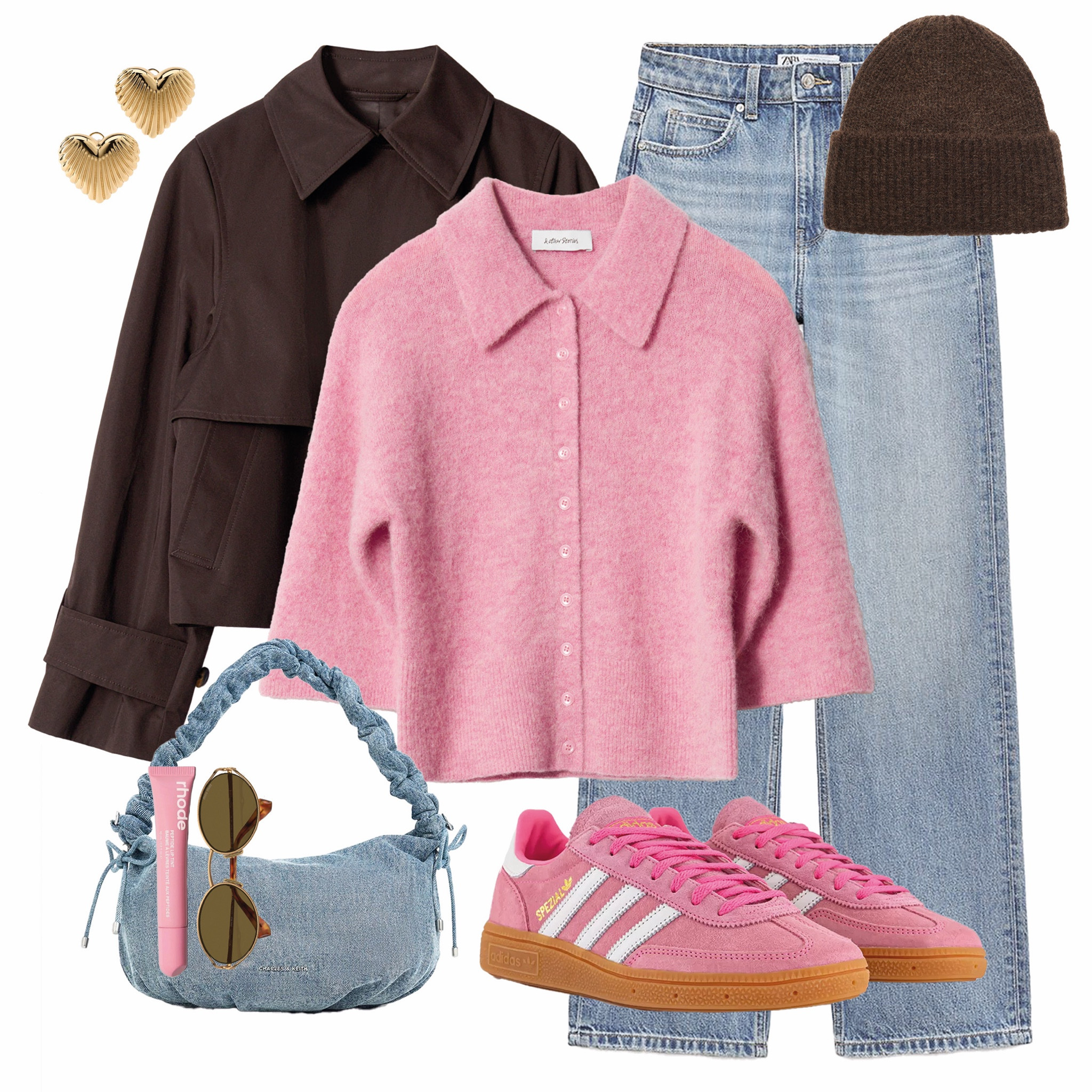 XOXO 🤎🩷

A feminine-meets-casual Valentine’s Day outfit featuring a soft pink button-up collared cardigan, a chocolate brown cropped trench jacket, and classic straight-leg pale blue jeans. Paired with pink Adidas sneakers, a denim ruched handbag, a brown beanie, and gold heart earrings.
pink and denim, casual Valentine’s Day outfit, cozy and chic, effortless street style, pastel fashion, cute and casual, trendy winter look, everyday aesthetic, modern romantic, soft girl style.


#LTKshoes #LTKuk #LTKmodest