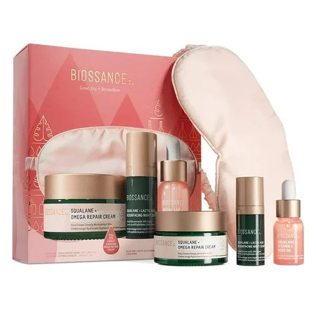 Biossance Love Joy Bestsellers Set.Full Size Omega Repair Cream (1.69 oz) Travel Size Vitamin C Rose Oil (.4 oz) Travel Size Lactic Acid Resurfacing Serum (.34 oz) Sleep Mask | Walmart (US)