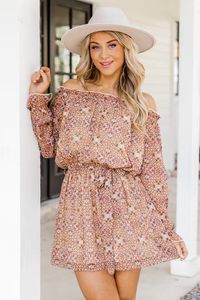 Humble And Kind Beige Floral Off The Shoulder Mini Dress | Pink Lily