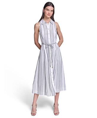Women's Striped Rope Belt Midi Shirt-Dress | Macy's