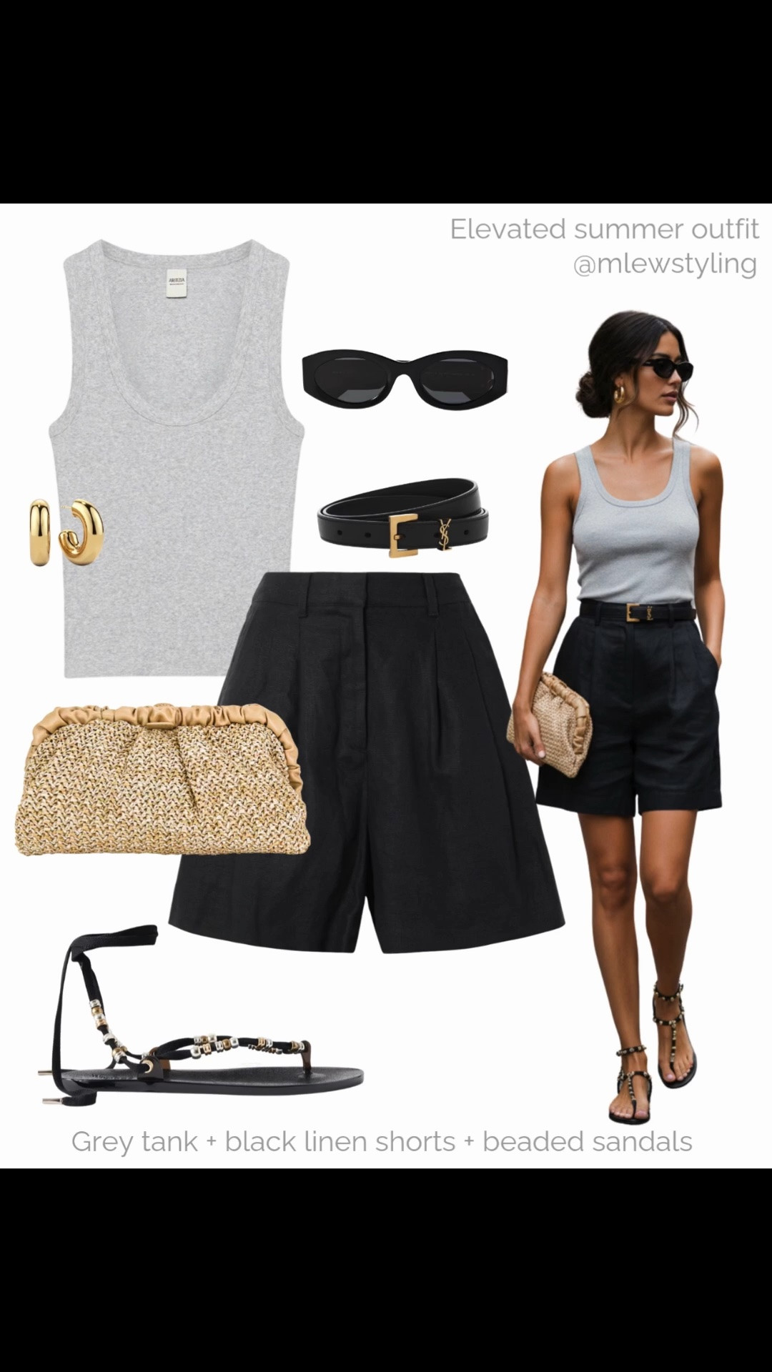 Elevated summer outfit with black linen Bermuda shorts 💫￼

Tags: posse black pleated shorts, Aritzia grey tank top, raffia clutch, beaded sandals, ysl belt, black sunglasses, outfit formulas, capsule wardrobe, casual workwear

#LTKsummer #LTKshoes #LTKworkwear