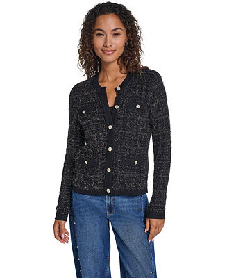 Women's Eyelash-Knit Metallic Crewneck Long-Sleeve Cardigan Sweater | Macy's