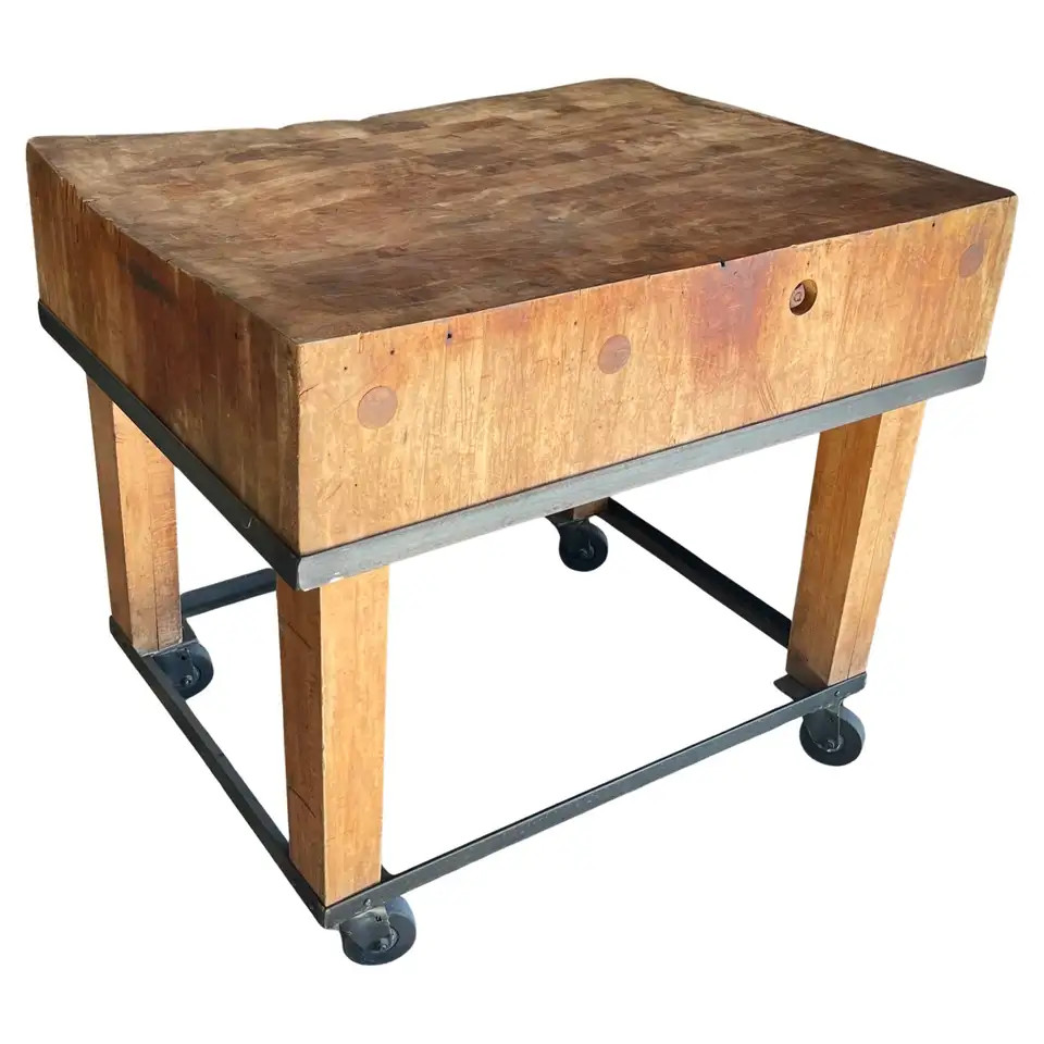 Primitive Industrial Butcher Block Rolling Kitchen Island /Work Table on Casters | 1stDibs