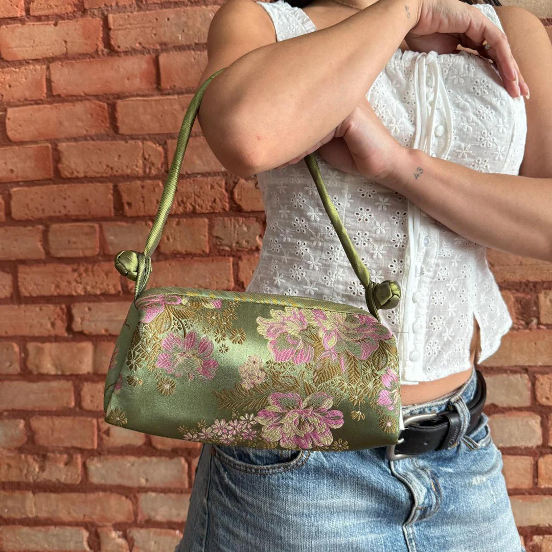 Green Floral Satin Shoulder Bag: Boho Style Handbag | Etsy (Global)