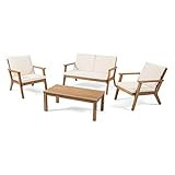 Christopher Knight Home Aabbye Outdoor Acacia Wood 4 Seater Chat Set with Cushions, Brown Patina Fin | Amazon (US)