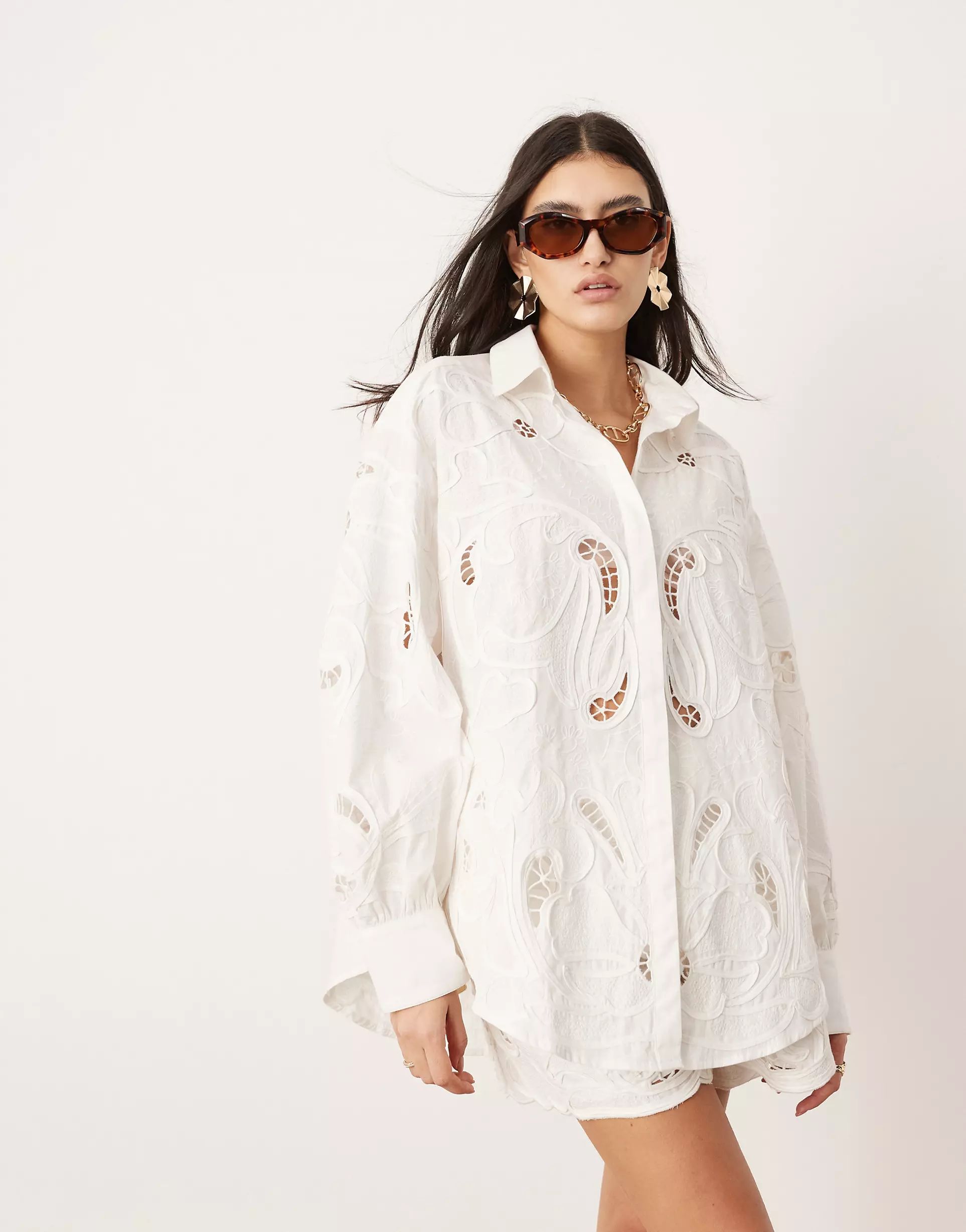 ASOS EDITION broderie cut work oversized shirt co-ord in white | ASOS (Global)