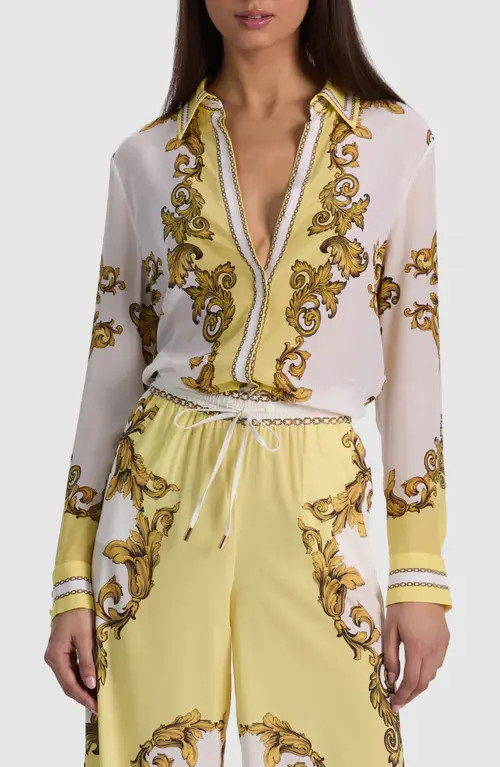 ALICE + OLIVIA Willa Print Silk Button-Up Shirt in Golden Coast at Nordstrom, Size Medium | Nordstrom