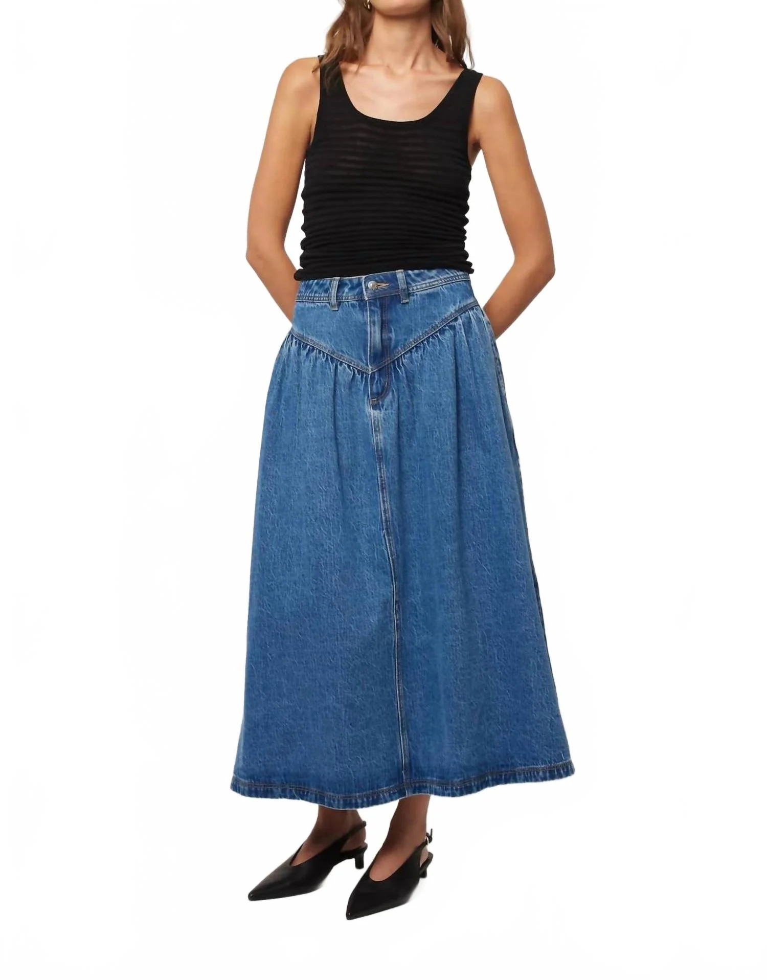 Leonie Drop Waist Midi Denim Skirt In River Blue Wash | Shop Simon