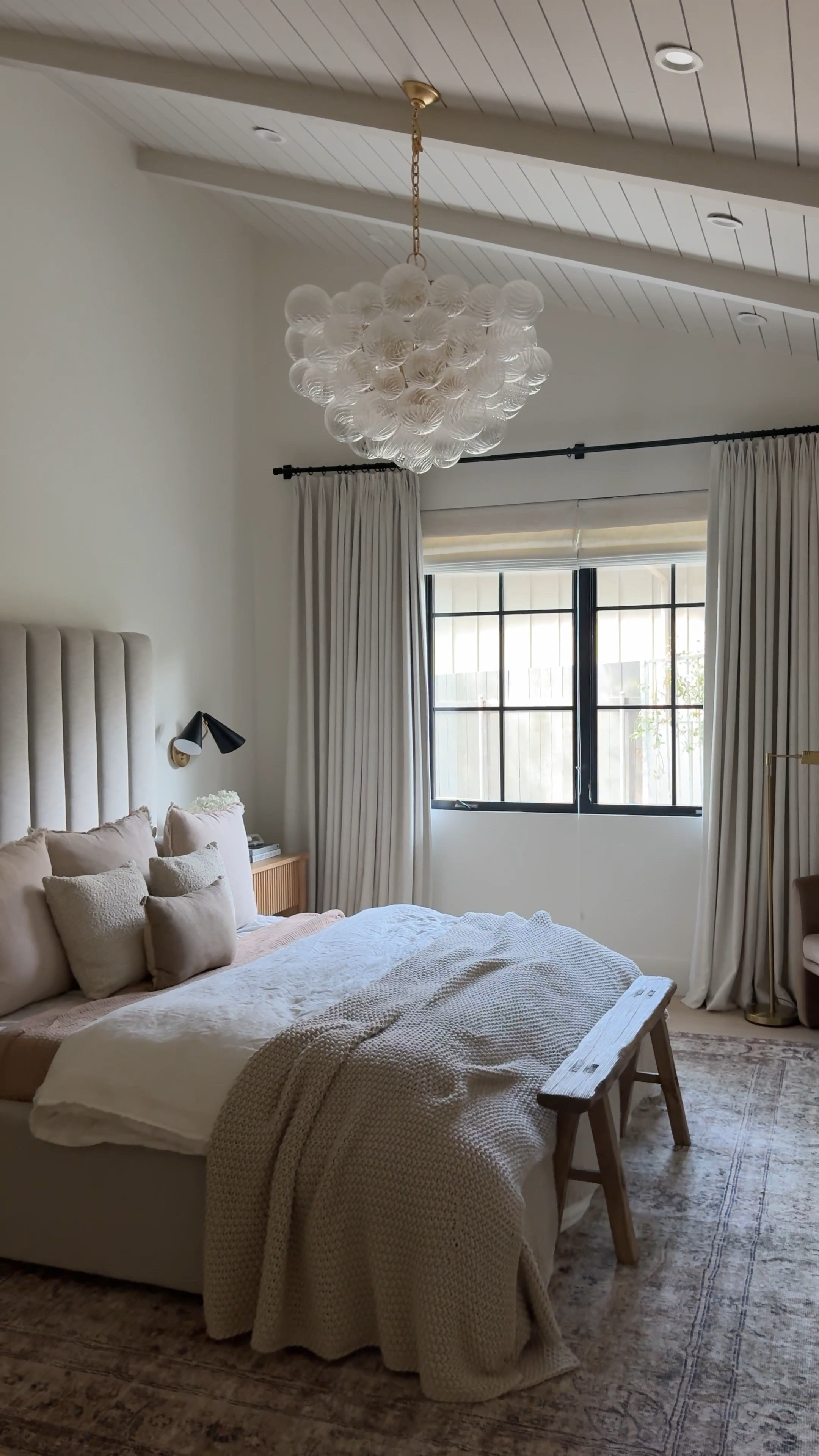 Bench inspired look for less. Primary bedroom, tufted bed, upholstered grey bed, bubble chandelier, glass chandelier, vintage bench, wood bench, vintage rug, curtains, white drapes, barrel chair, accent chair, crate and barrel, target, Amazon, McGee and co, Loloi 

#LTKhome #LTKsalealert #LTKover40

#LTKHome #LTKFindsUnder100 #LTKSaleAlert