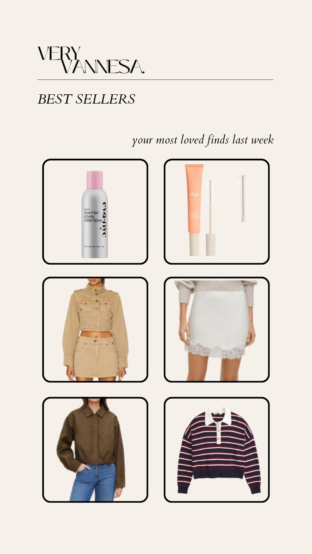 Your faves last week 
Hair must haves 
Hair glitter spray 
Frizz tamer 
Khaki jacket 
Lace trip skirt 
Suede jacket 
Rugby polo long sleeve 

#LTKSaleAlert #LTKgrwm #LTKootd