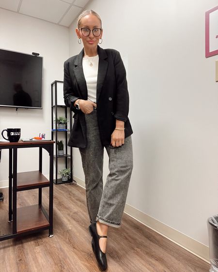 Gray jeans, black blazer & Mary Jane ballet flats for the office. 
.
.
.
#workwear #workootd #balletflats #maryjaneflats #basics #whitetee #midsizestyle #midsize 

#LTKshoecrush #LTKmidsize #LTKworkwear