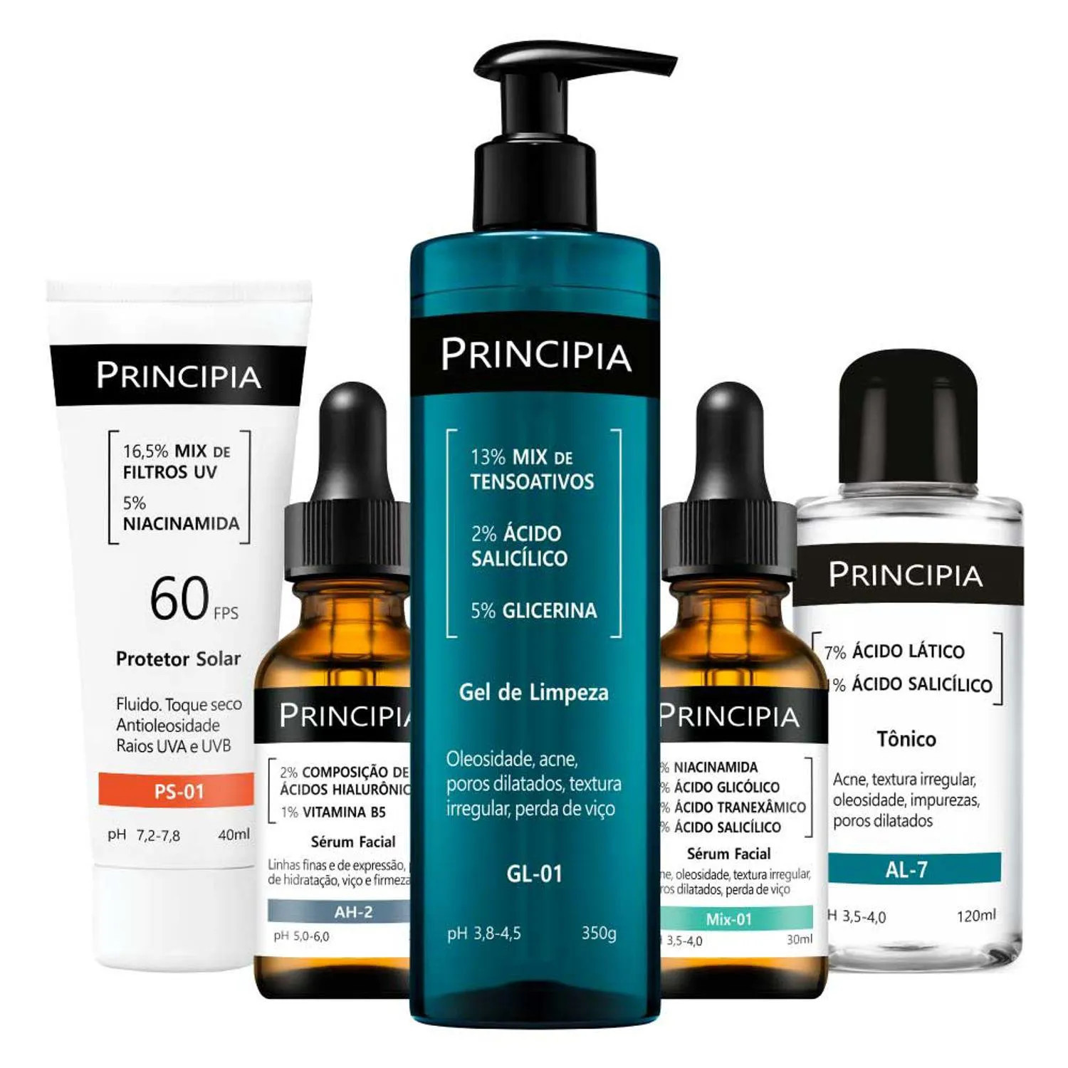 Kit Principia Anti-Acne (5 Produtos) - Gel De Limpeza Gl-01 350G + Sérum Ácidos Hialurônicos 30Ml + Sérum Mix-01 30Ml + Tônico Facial Ácido Lático 120Ml + Protetor Solar Com Niacinamida 40Ml | DrogaRaia (BR)
