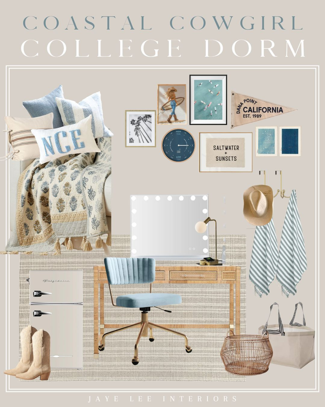Dorm room decor with a coastal cowgirl vibe...

college dorm essentials, dorm decor, dorm room ideas, dorm room interiors, coastal bedroom, rattan desk, monogram pillow, vanity mirror, turkish towels, retro mini fridge, coastal art gallery wall, bedding, throw pillows, storage and moving bags, swivel desk chair, teen room, western boots 

 #LTKHome #LTKStyleTip #LTKKids