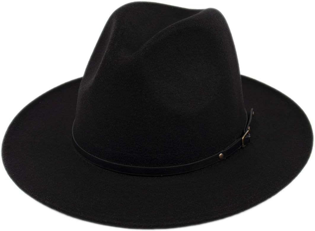 Womens Classic Wide Brim Floppy Panama Hat Belt Buckle Wool Fedora Hat | Amazon (US)