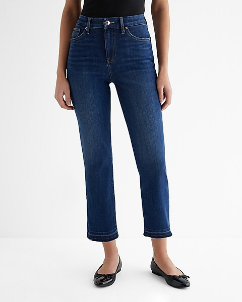High Waisted Dark Wash Drop Hem FlexX Straight Ankle Jeans | Express