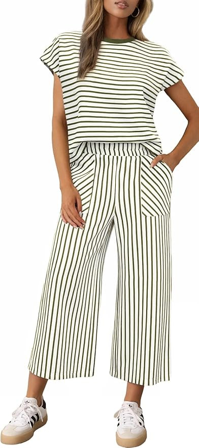 2 Piece Sets for Women Summer Outfits Short Sleeve Top Wide Leg Crop Pants Womens Matching Sets f... | Amazon (US)