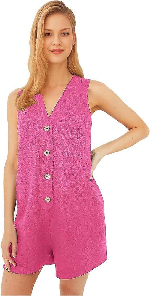 Womens Summer Sleeveless Romper Casual V neck outfits One-piece Romper button down Jumpsuit Short... | Amazon (US)