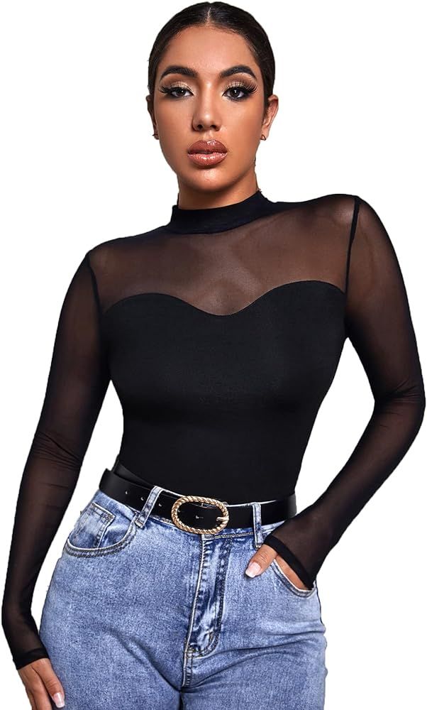 SweatyRocks Women's Mock Neck Long Sleeve Mesh Insert Elegant Blouse Tops | Amazon (US)