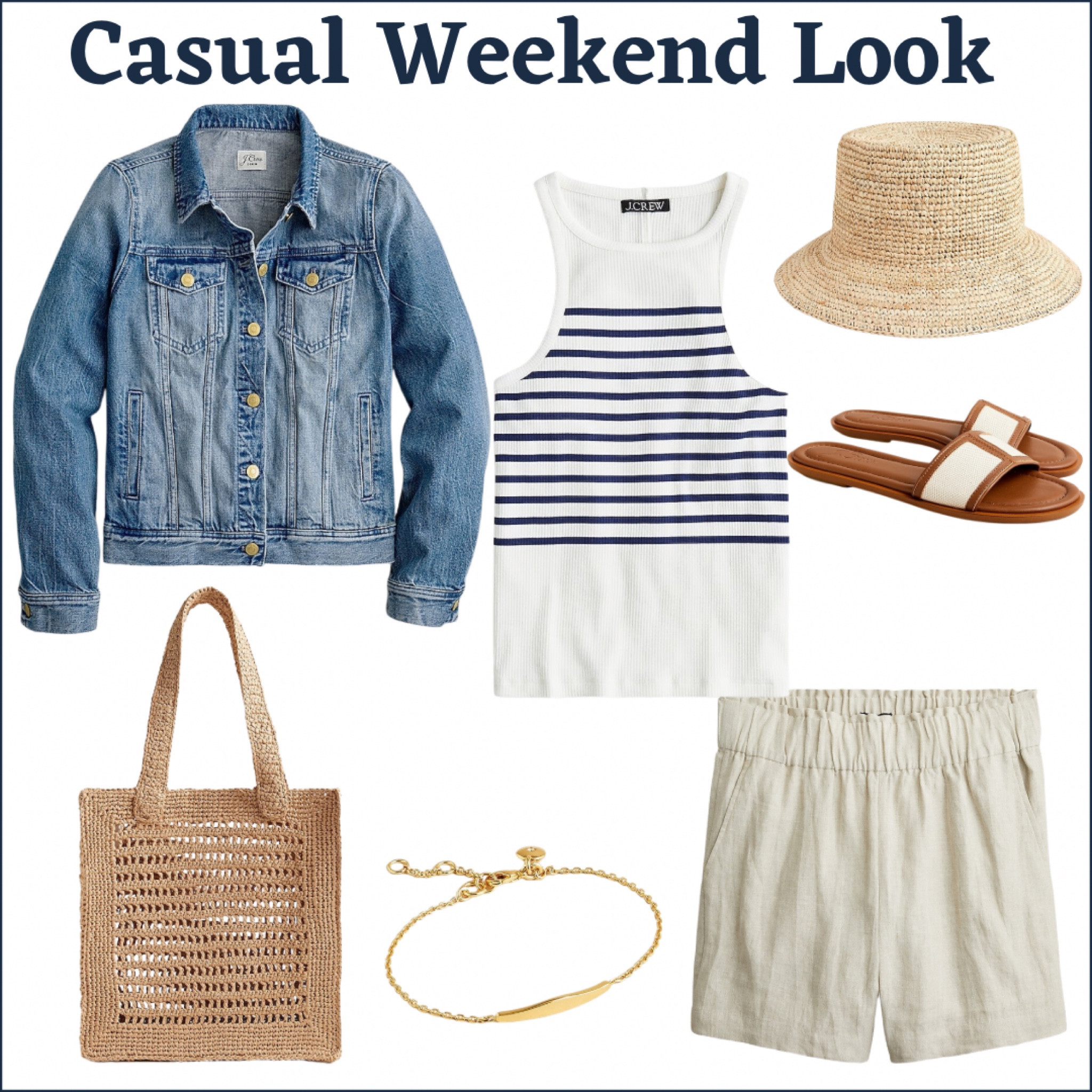 Casual summer weekend look from JCrew. A classic denim jacket, striped tank, pull on linen shorts, and summer inspired accessories. #totebag #strawhat #casualoutfit #casualstyle #summerhats #summeroutfits 

#LTKstyletip