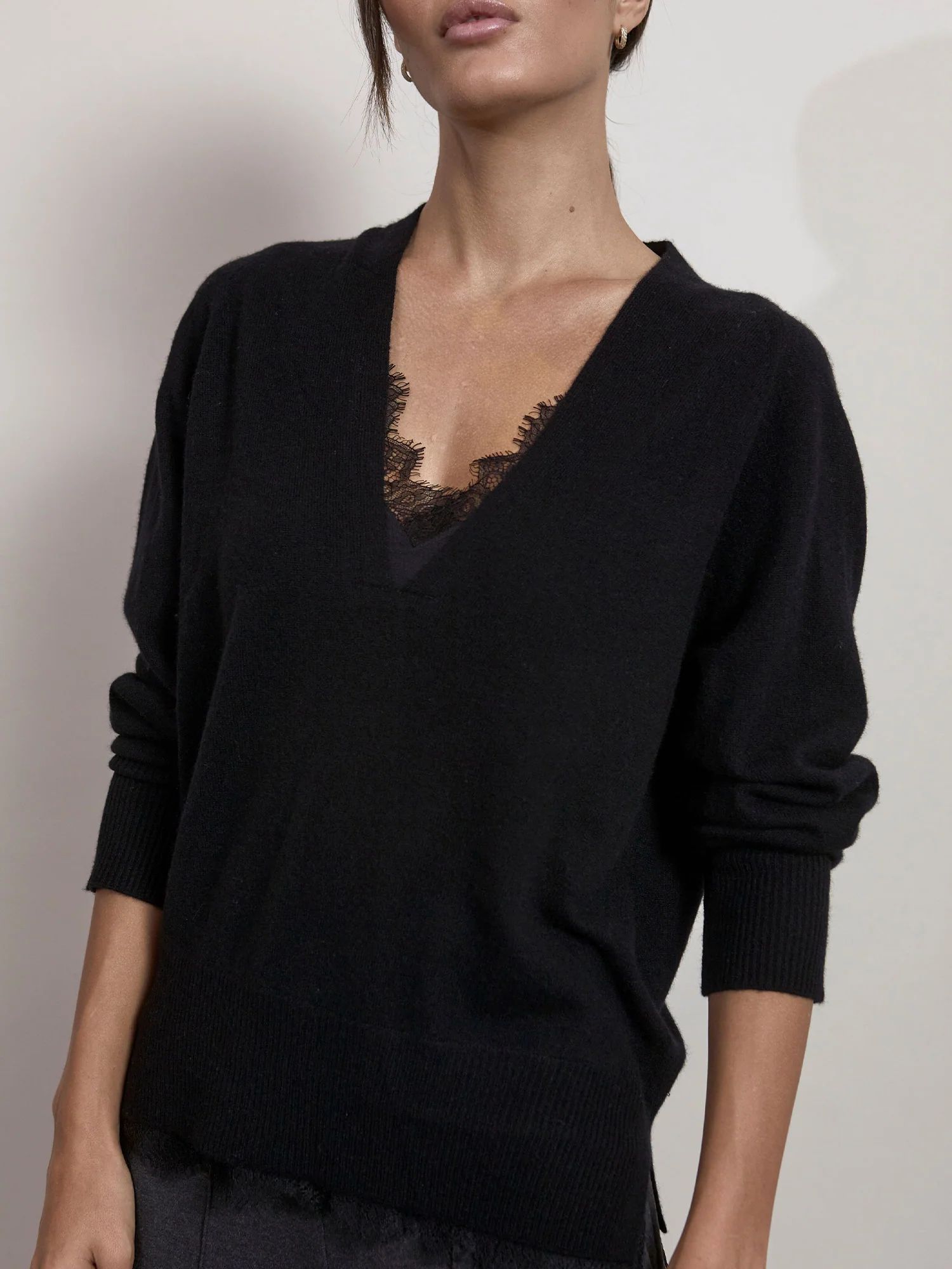 Brochu Walker Women's Lace V-neck Layered Sweater in Black | Brochu Walker