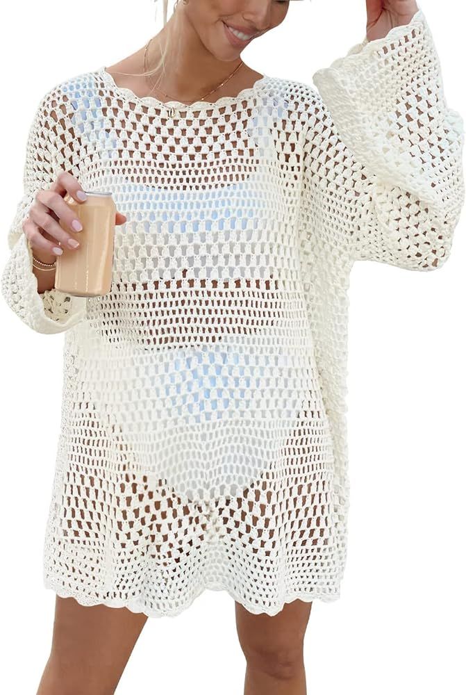 Prinbara Women Swimsuit Crochet Hollow Out Swim Cover Up Bikini Swimwear Knit Mesh Tunic Beach Dress | Amazon (US)