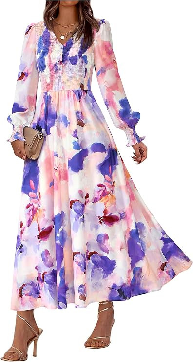 BTFBM Women Fall Wedding Guest Maxi Dresses 2026 Floral V Neck Long Sleeve Boho Long Dress Vacati... | Amazon (US)