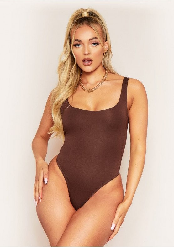 Allison Chocolate Double Thick Square Neck Vest Bodysuit | Missy Empire (UK)