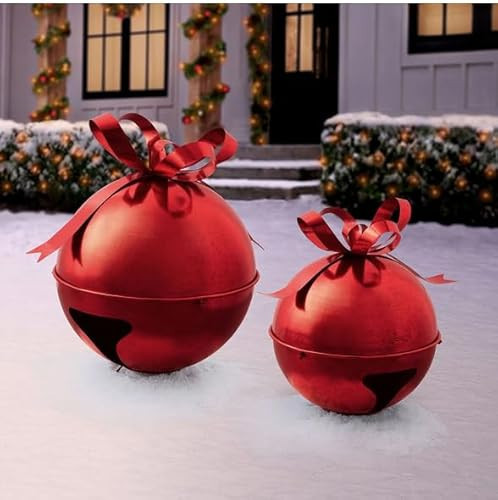 Oversized Jingle Bell Décor Set of 2 with Antique Finish, Large and Medium Bells for Indoor Outdoor Christmas Decoration, Nesting Design with Stands (Red) | Amazon (US)